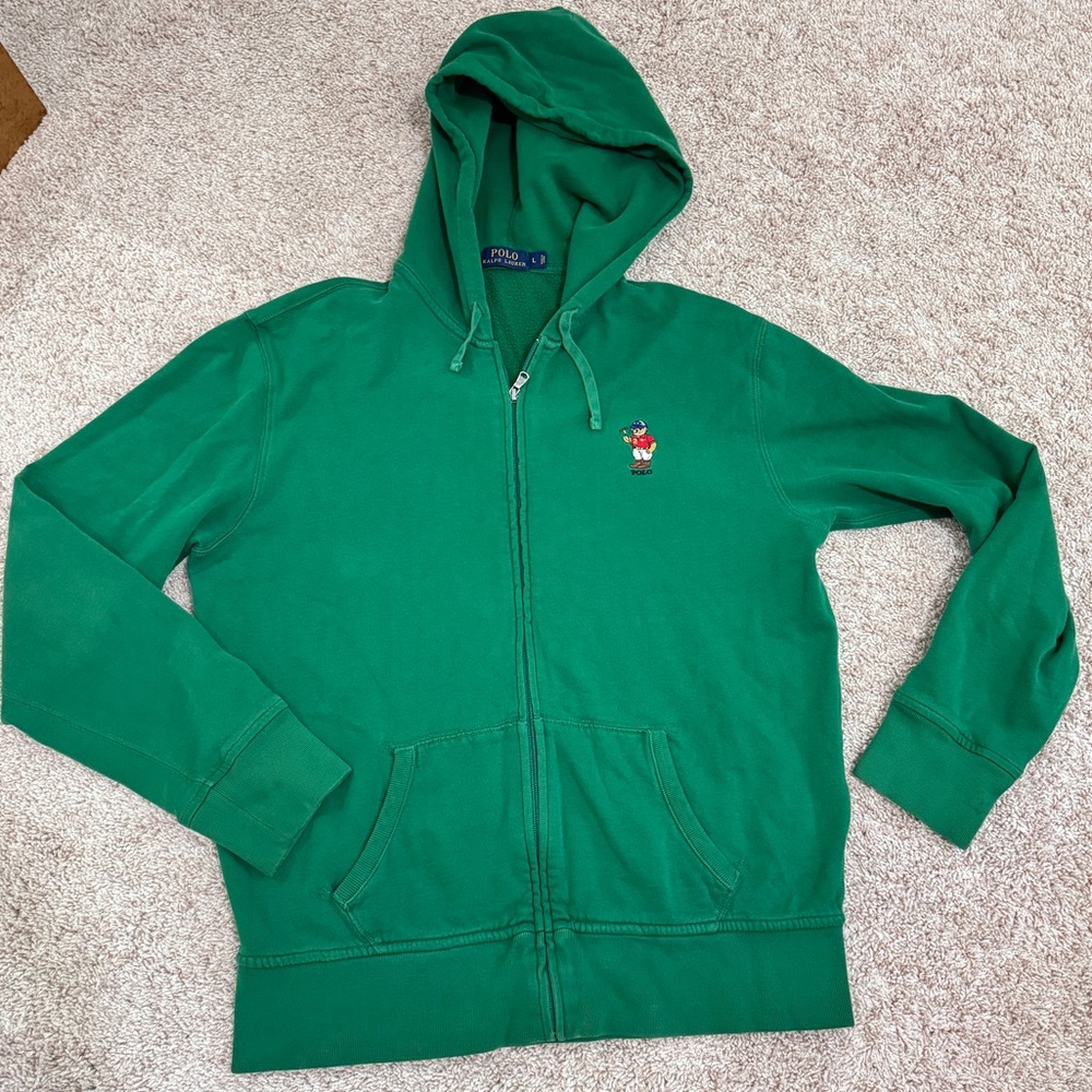 Mens Polo Bear Ralph Lauren full zip hoodie Green Size Large